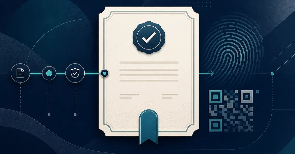 A verification certificate connected to a chronological approval audit trail